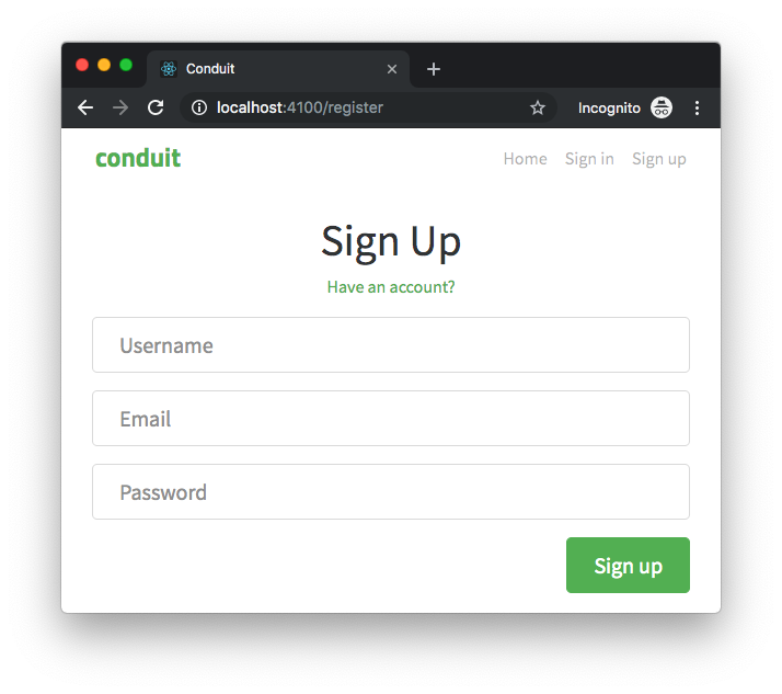 The signup page